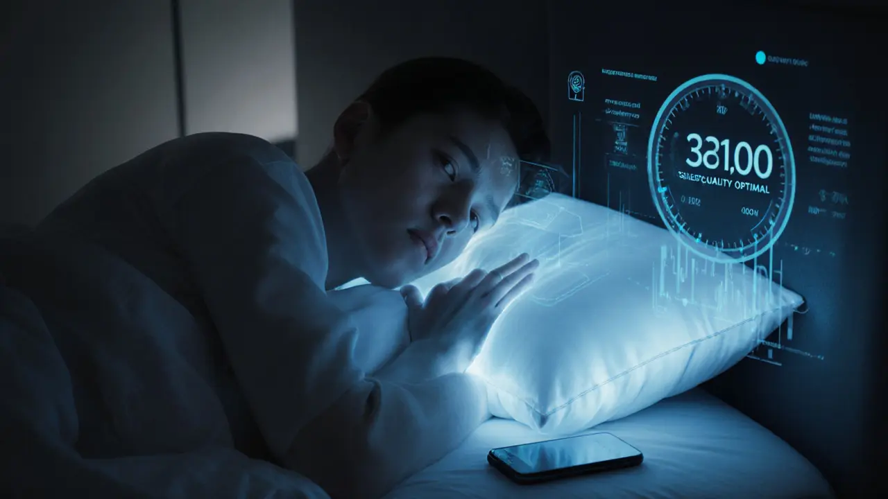 Умная подушка светится с данными сна, человек спит спокойно, в современной спальне.