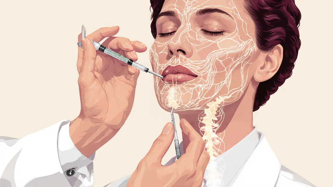 Врач вводит филлер по анатомическим векторам лица, с прозрачной схемой поддержки под кожей.
