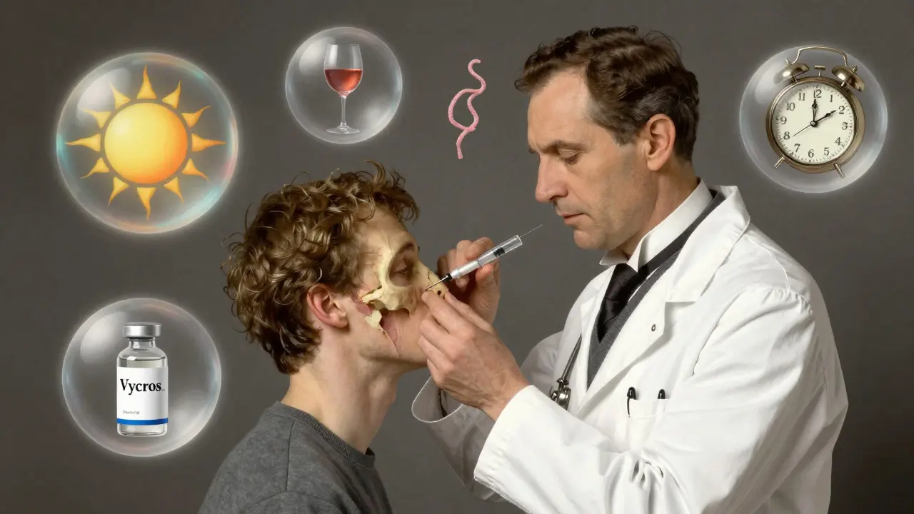 Врач вводит филлер в скулу, вокруг — символы, влияющие на срок действия: солнце, часы, виал.