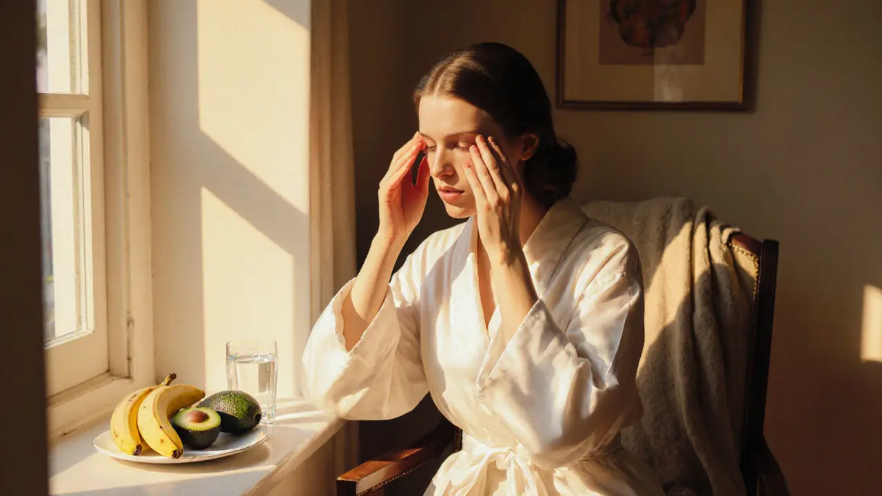 Женщина делает лимфодренажный массаж вокруг глаз, рядом — банан и авокадо.