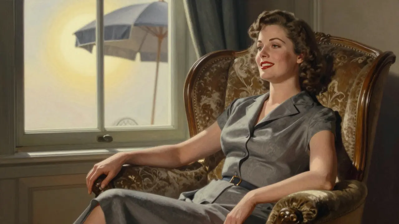 Женщина с естественно полными губами в костюме 1940-х, рядом — контраст солнца и тени.