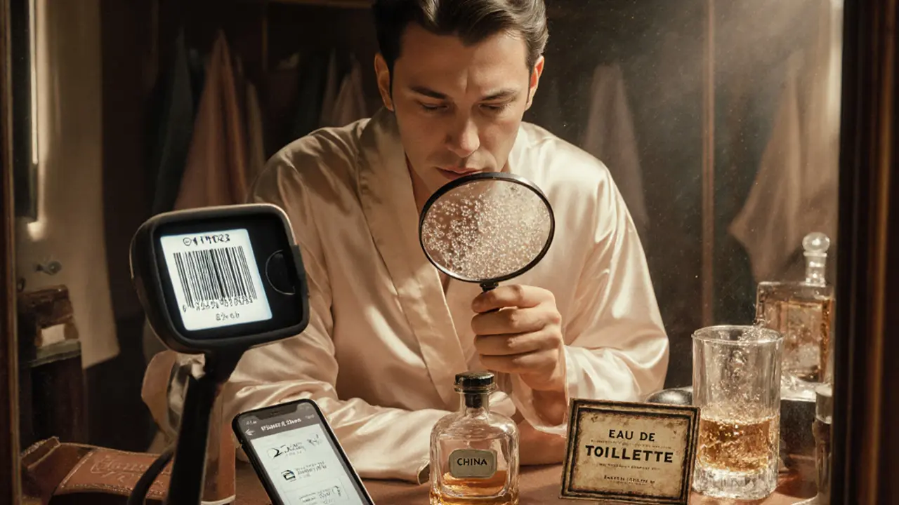 Человек осматривает парфюм через лупу, рядом — сканер штрих-кода, приложение и пузырьки в жидкости, указывающие на подделку.