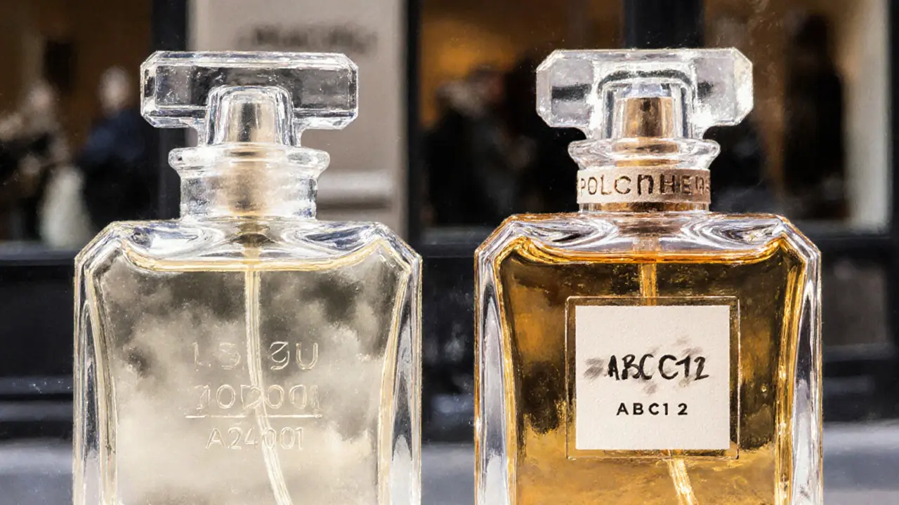 Два флакона парфюма рядом: один с прозрачным стеклом и тонким распылителем, другой — с мутным стеклом и толстой насадкой.