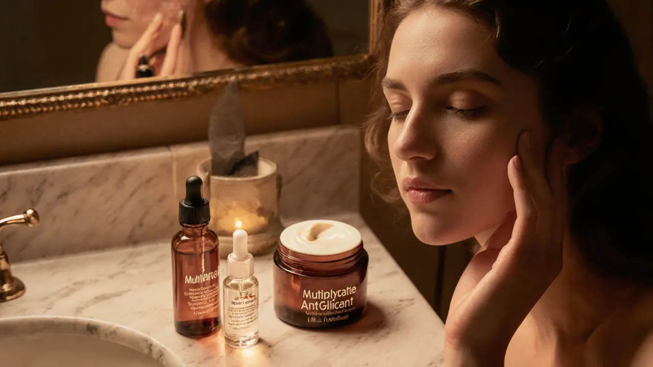 Косметика на прилавке с пептидами, светящимися нитями под кожей, в стиле Лейендеcker.