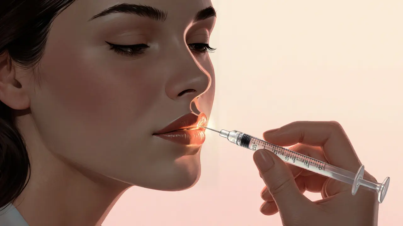 Косметолог вводит микродозу ботокса в угол губы тончайшей иглой.