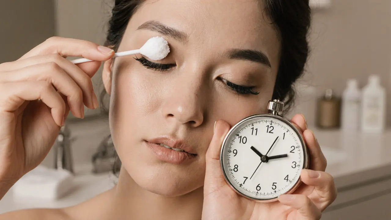 Рука наносит тонкий слой вазелина на ресницы с помощью ватной палочки, рядом — таймер, показывающий 60 секунд.