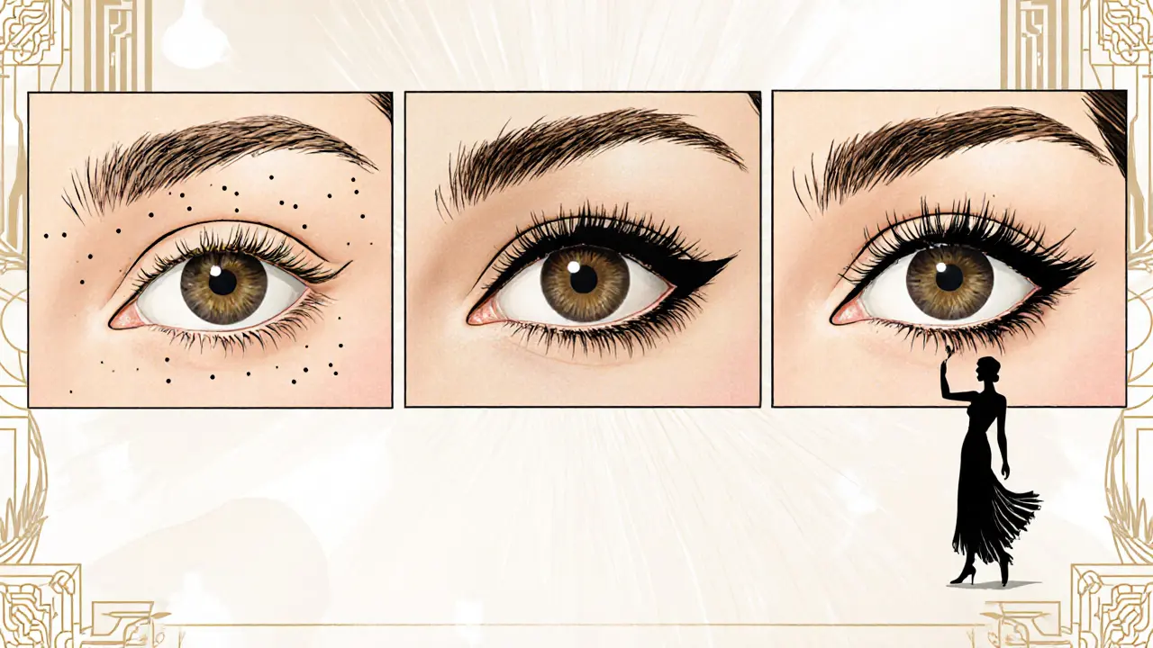 Три панели: без макияжа, с карандашом, с растушевкой и подсветкой — иллюзия густых ресниц.