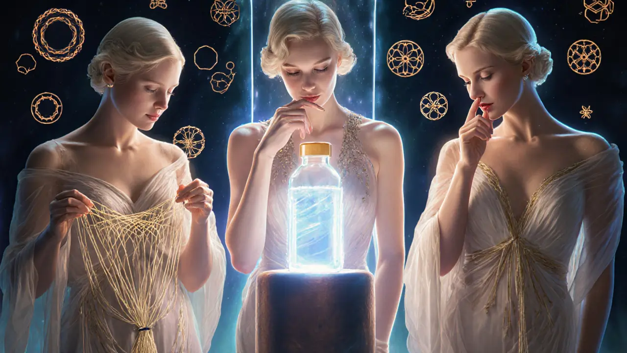 Три персонифицированных пептида в стиле 1920-х, каждый выполняет свою задачу по омоложению кожи.