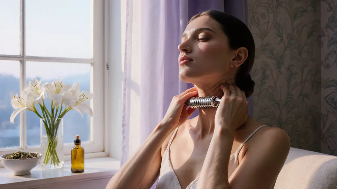 Женщина делает массаж шеи металлическим роллером у окна, утренний свет и спокойная атмосфера.