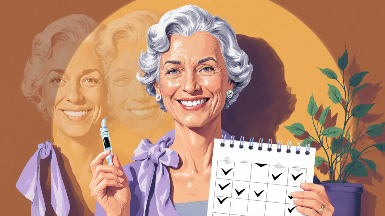 Женщина держит календарь с тремя отметками, её кожа преобразилась, старые признаки увядания исчезли.