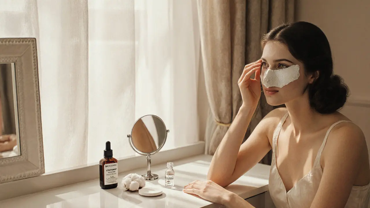 Женщина наносит крем с церамидами на веки после снятия туши, на фоне — ухоженная туалетная столешница с косметикой.