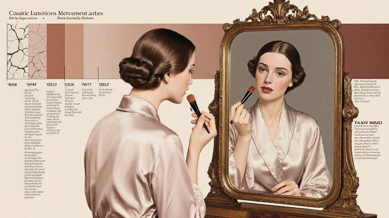 Женщина наносит помаду кисточкой перед зеркалом, за ней — эволюция формулы помады.