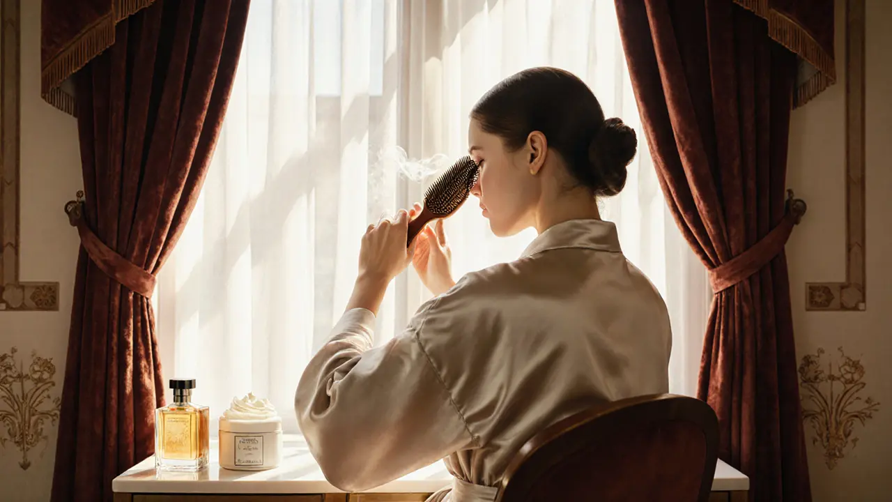 Женщина расчёсывает волосы, ароматные следы поднимаются от щетки.