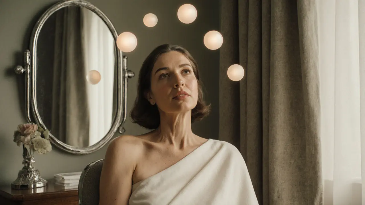 Женщина в клинике, три светящихся этапа лечения над плечом, кожа стала упругой и сияющей.