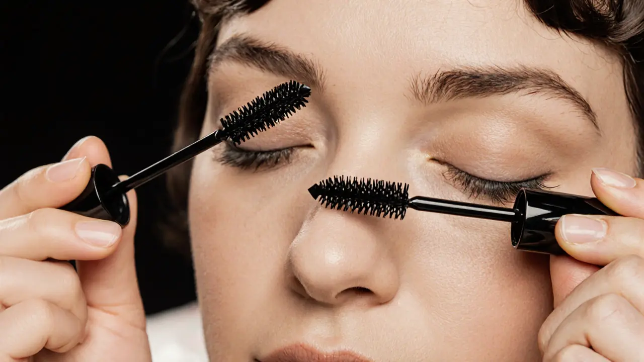 Две руки наносят тушь в два слоя: сначала объемную, затем водостойкую, ресницы еще влажные.