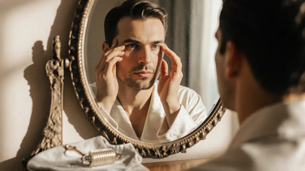 Мужчина аккуратно массирует нижнее веко кончиками пальцев, отражаясь в зеркале.