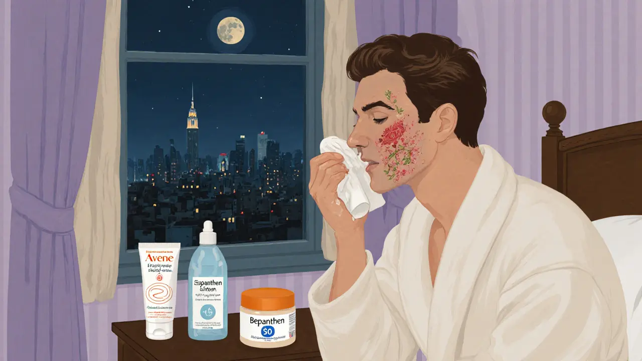 Мужчина в халате справляется с покраснением кожи, рядом — крем и термальная вода, за окном — лунный город.
