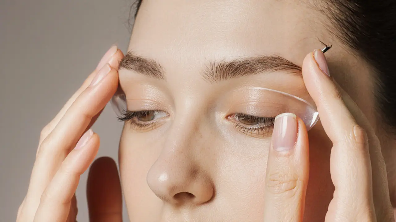 Руки выполняют легкий массаж век от внешнего к внутреннему уголку глаза.