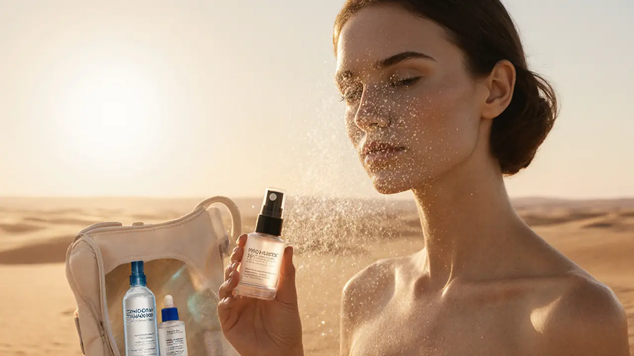 Женщина на пустынном холме с термальной водой, на фоне яркого солнца и минимального набора ухода за кожей.