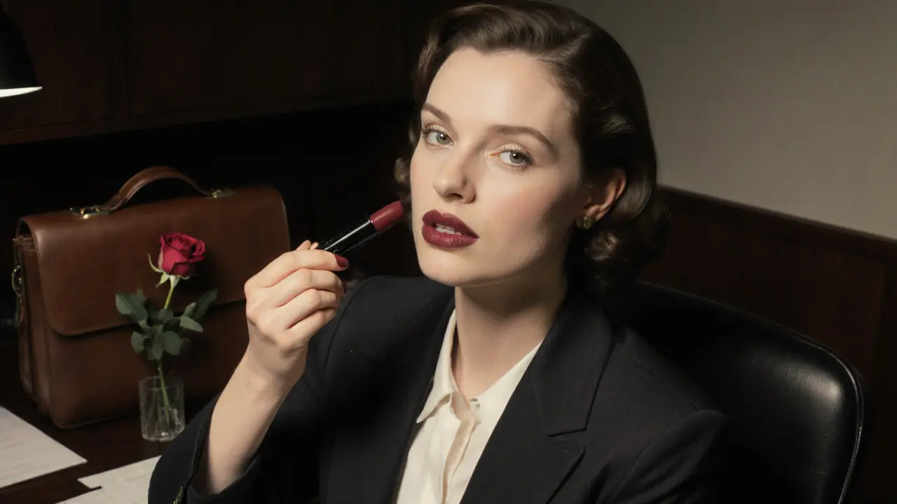 Женщина наносит матовую помаду в деловом образе