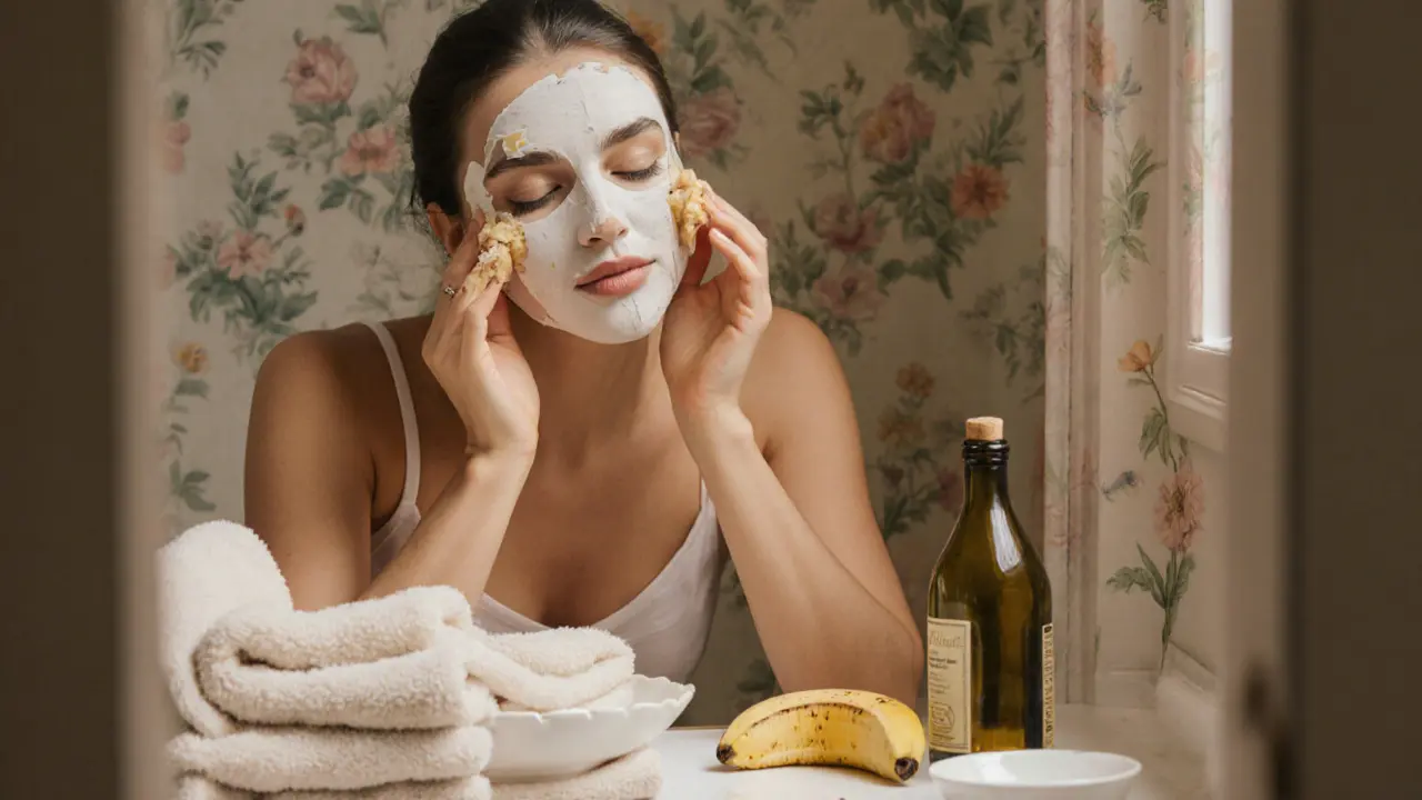 Женщина наносит овсяно-мёдную маску на лицо перед зеркалом с бананом и оливковым маслом.