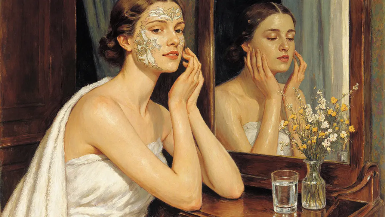 Женщина наносит овсяно-медовую маску на лицо в уютной ванной