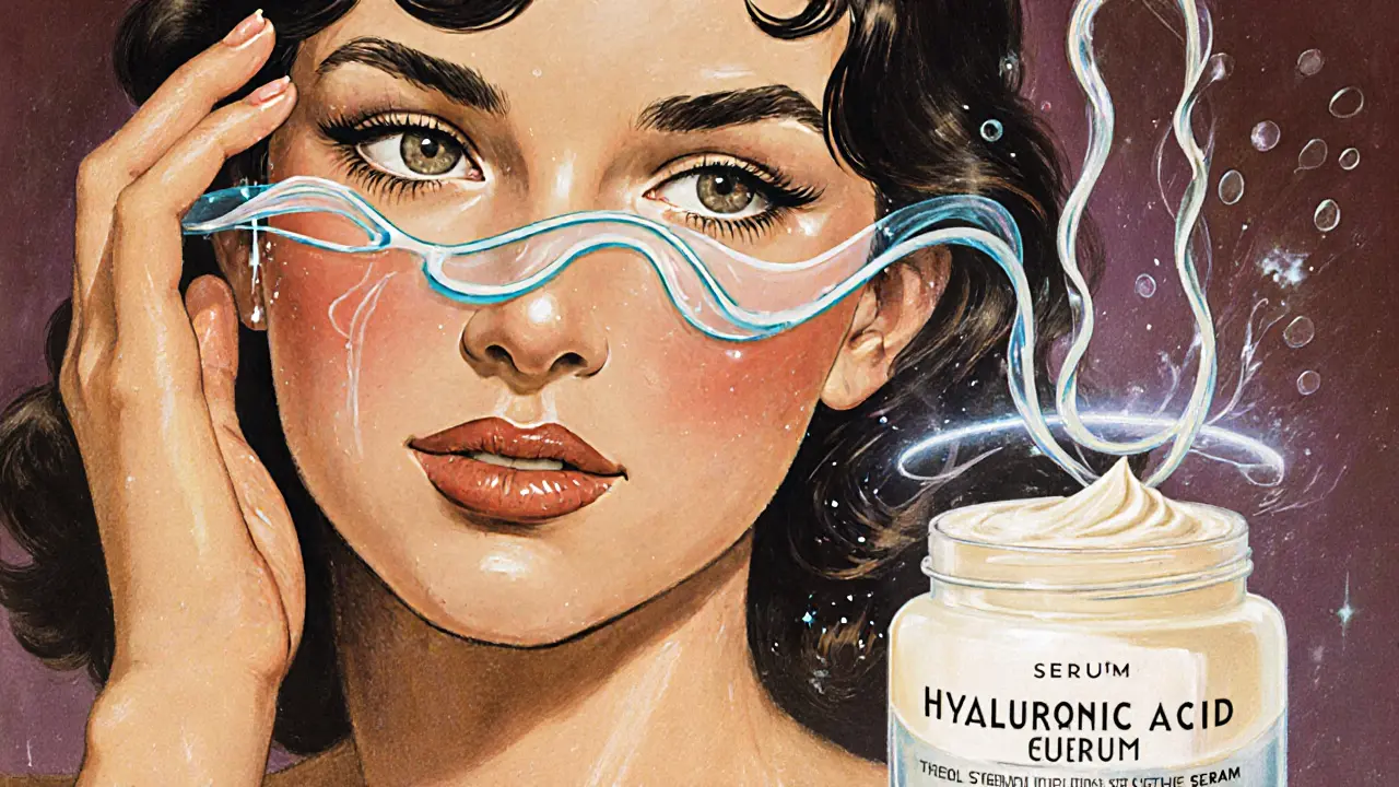 Женщина наносит сыворотку, вокруг неё — прозрачные потоки молекул гиалуроната, проникающих в разные слои кожи.