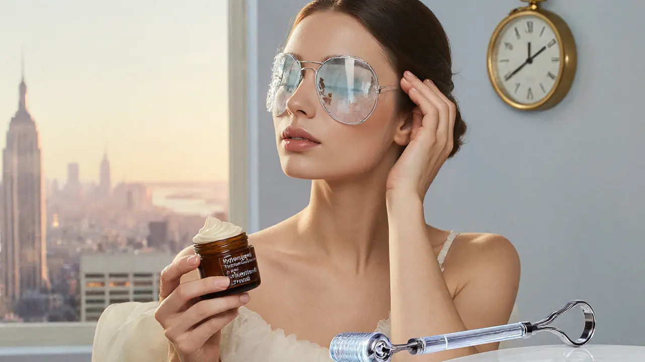 Женщина с гидрогелевыми патчами на глазах и кремом для ухода за кожей утром.