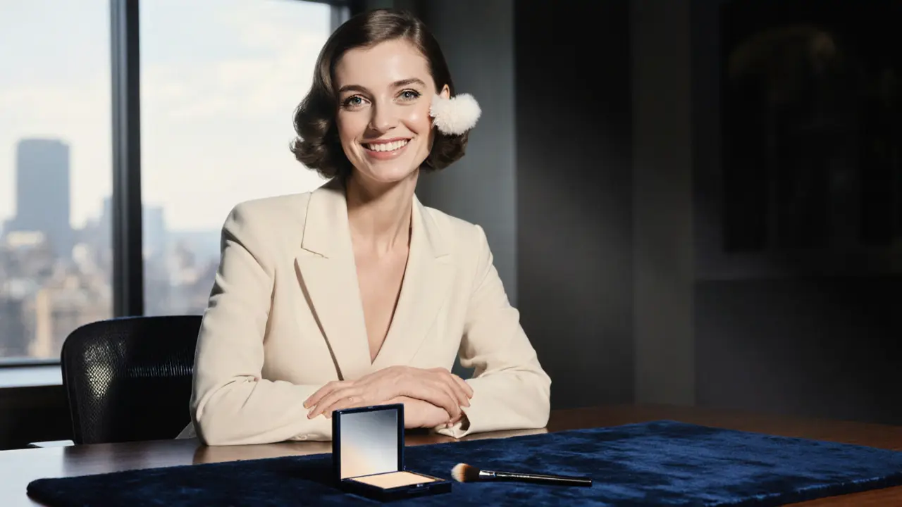 Женщина с идеальными ресницами улыбается в офисе, рядом лежит компакт с пудрой и кисточка, мягкий свет из окна.
