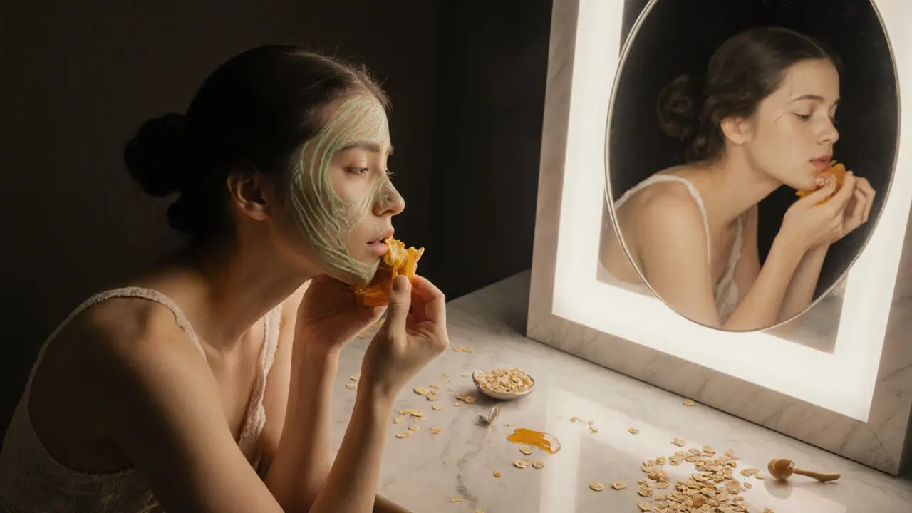 Женщина снимает маску с подбородка, её кожа сияет, рядом лежат ингредиенты.