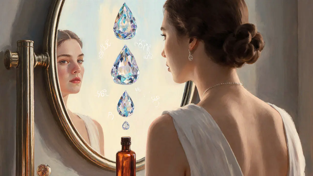 Женщина в салоне, из бутылки в её кожу входят три вида кристаллов гиалуроната, на фоне — едва заметный индикатор влажности.