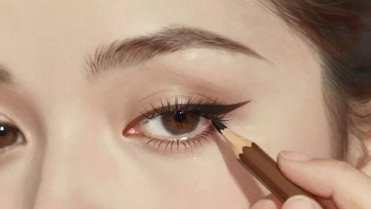 Близкий план глаза, подведенного коричневым карандашом, с естественным блеском.