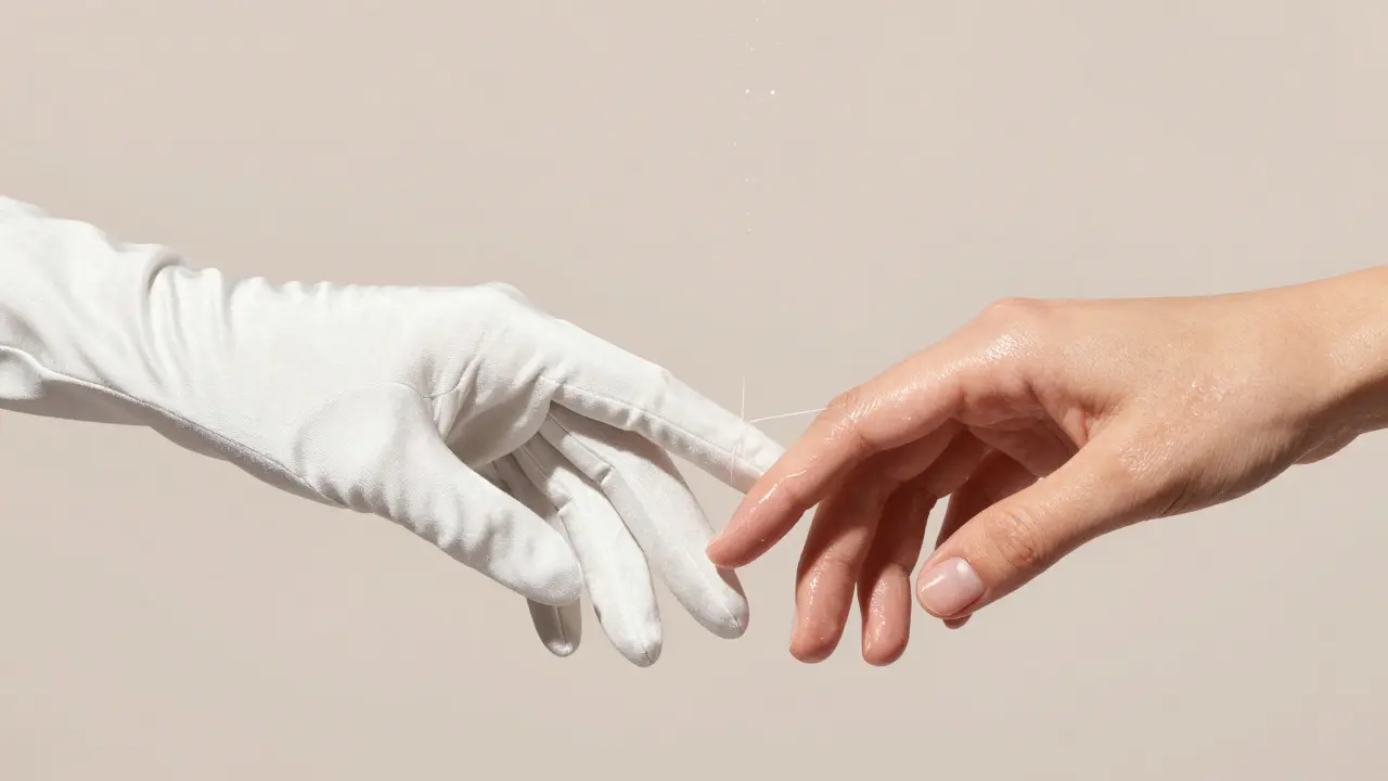 Две руки тестируют блеск на липкость — между пальцами тонкая пленка, блестки парят в воздухе.