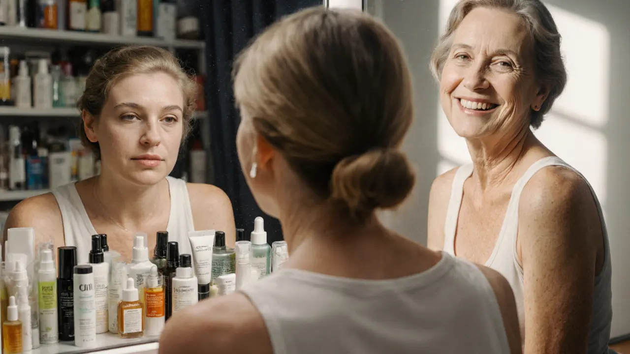 Две версии женщины: молодая с кучей средств и зрелая с тремя продуктами — простота приводит к здоровой коже.