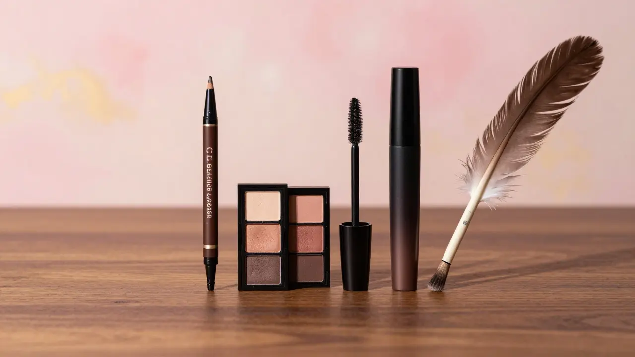 Композиция из трех теней, карандаша и туши на деревянной поверхности.