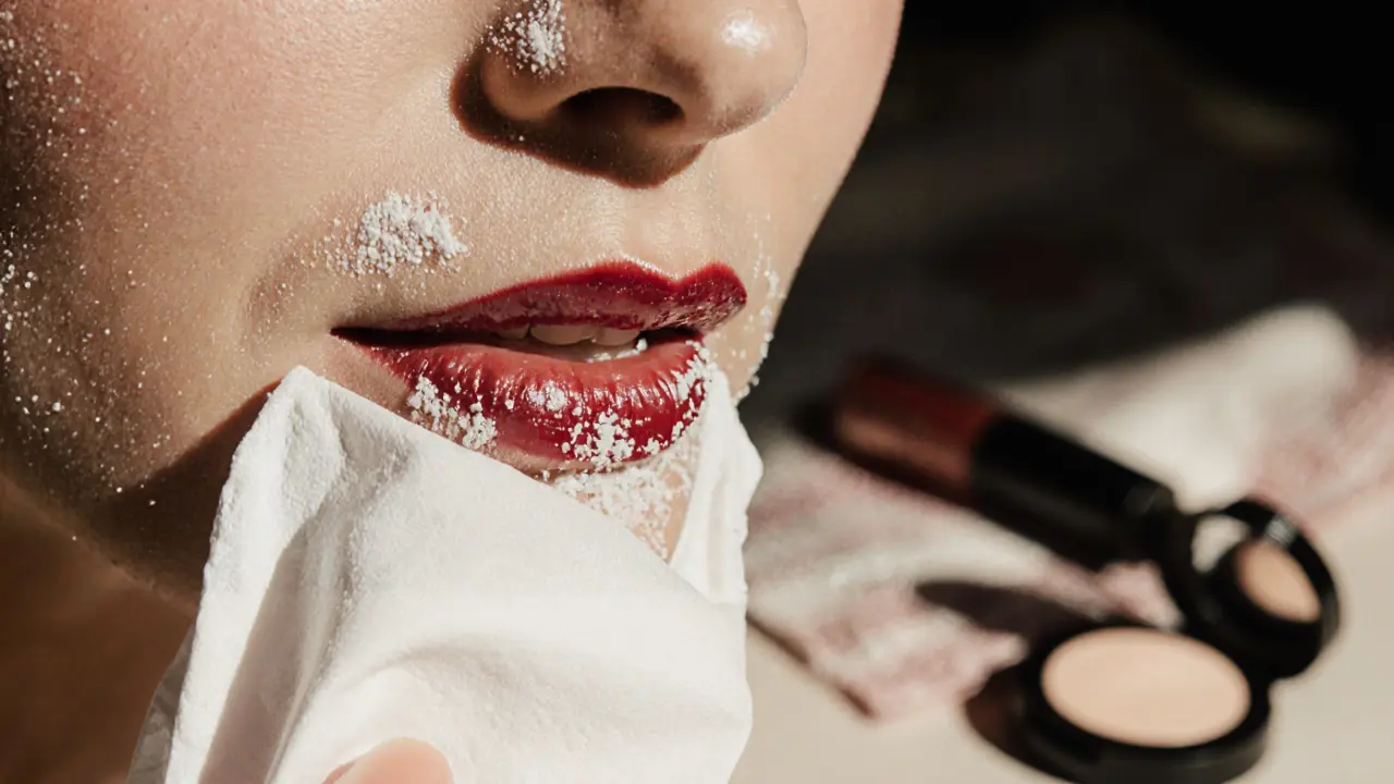 Крупный план губ с двумя слоями помады и тонким слоем прозрачной пудры, прижатой салфеткой.