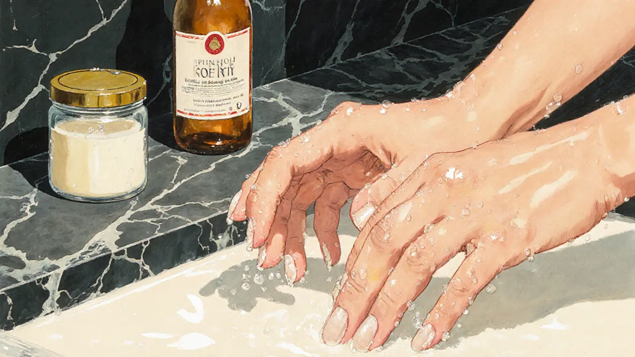 Руки в молочной ванночке с йодом, ногти становятся здоровыми, капли воды блестят.