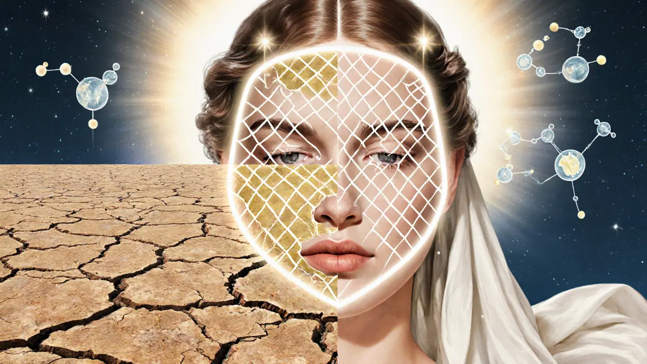 Символическое изображение восстановления барьера кожи: церамиды и увлажняющие молекулы образуют светящийся щит.