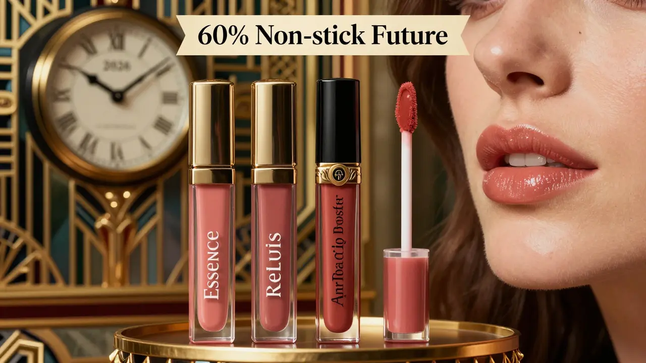 Три блеска для губ на вантуазе: Essence, Relouis, ArtDeco — губы с естественным глянцем, без липкости.