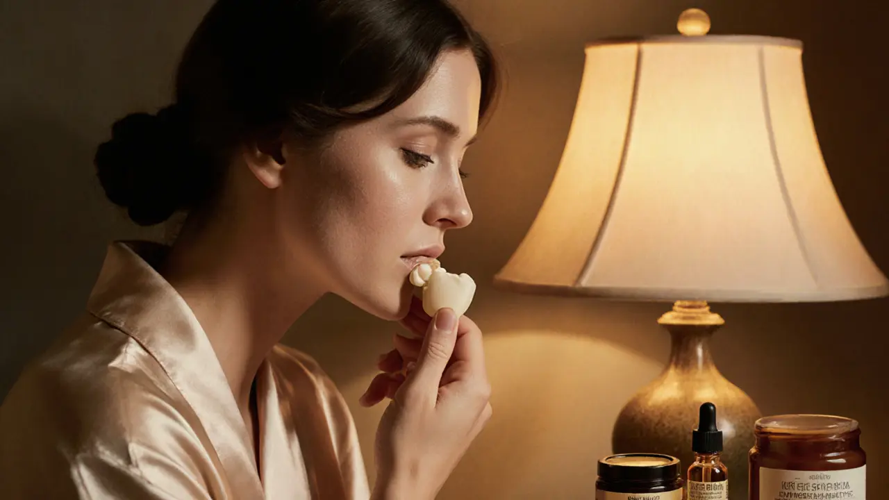 Женщина наносит питательный крем с окклюзией вечером, тёплый свет и шёлковый халат.