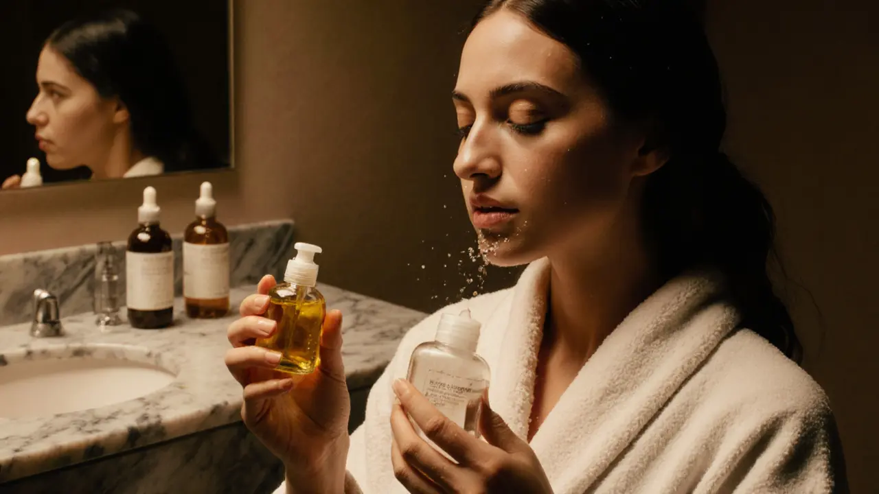 Женщина очищает кожу вечером с помощью масла и геля, теплый свет, минимализм в уходе.