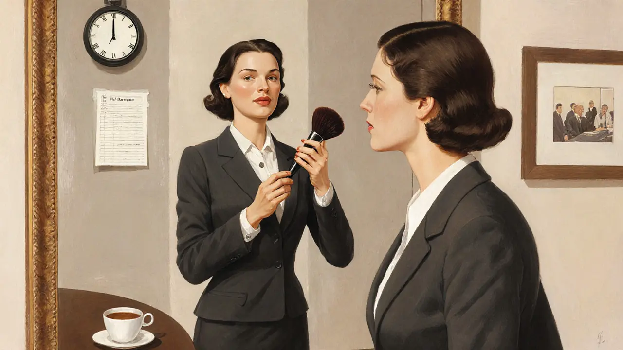 Женщина в деловом костюме удаляет излишки пудры с губ, в зеркале — часы и кофе, символизирующие стойкость макияжа.