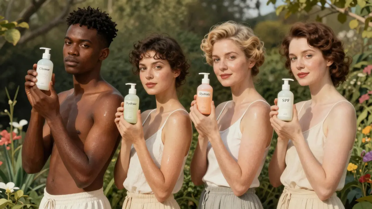 Четыре человека с разными типами кожи держат три бутылочки с основными средствами для ухода.