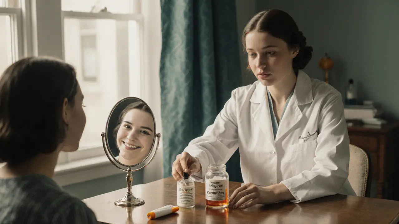Дерматолог кладёт бутылочку с кислотой рядом с увлажняющим кремом и солнцезащитным средством, пациентка улыбается в зеркало.