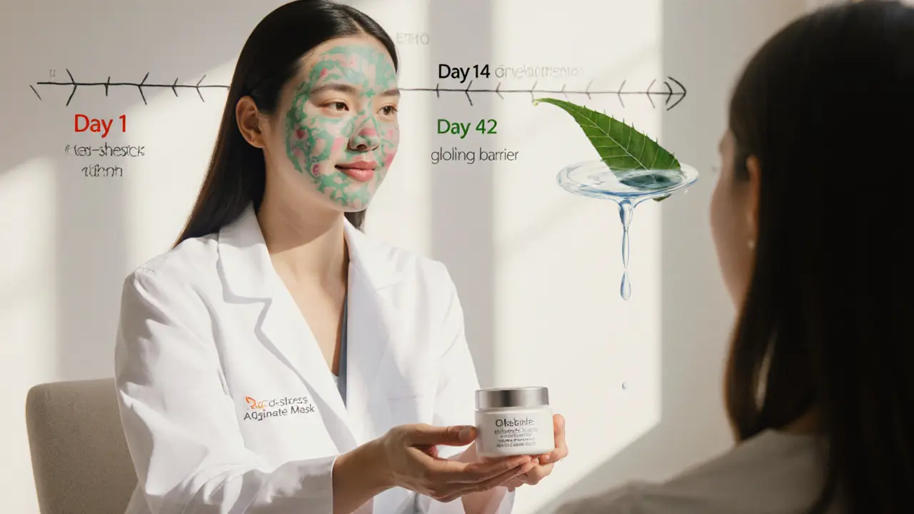 Дерматолог показывает пациенту альгинатную маску с алоэ, на фоне — график восстановления кожи за 6 недель.