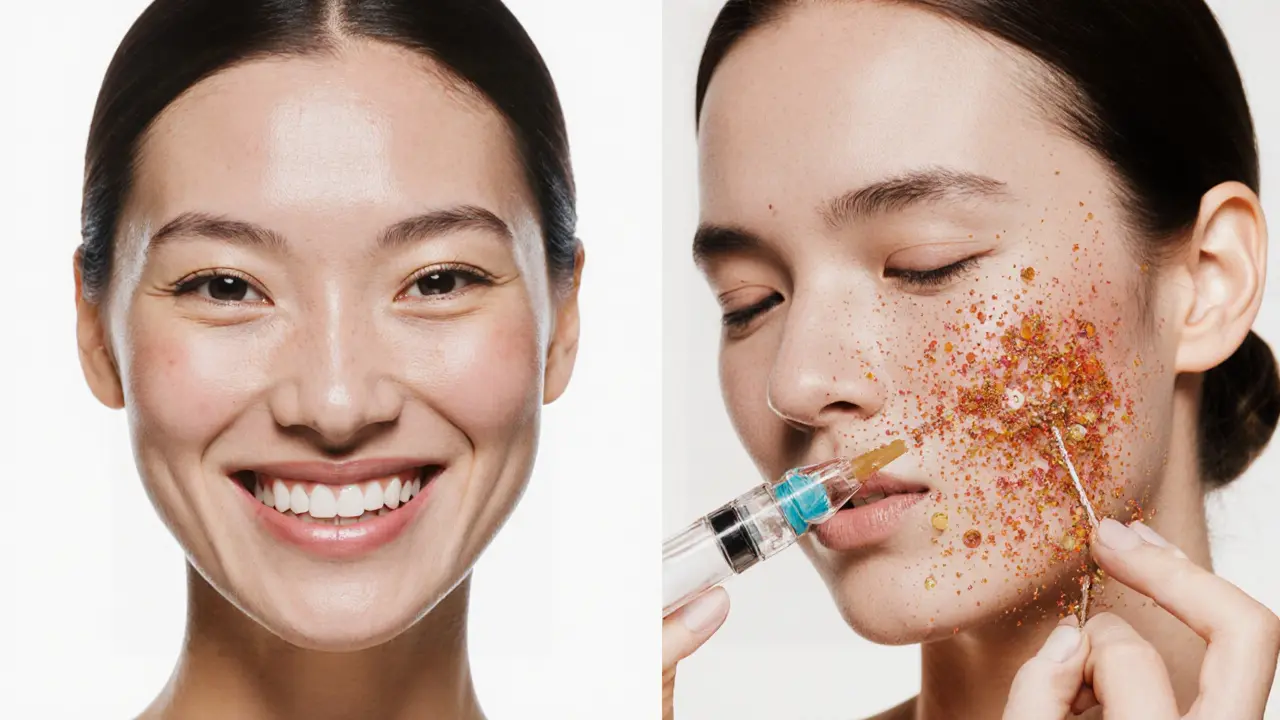 Два лица: одно с улучшенной кожей, другое — с воспалением, показывающие разницу между куперозом и розацеа.