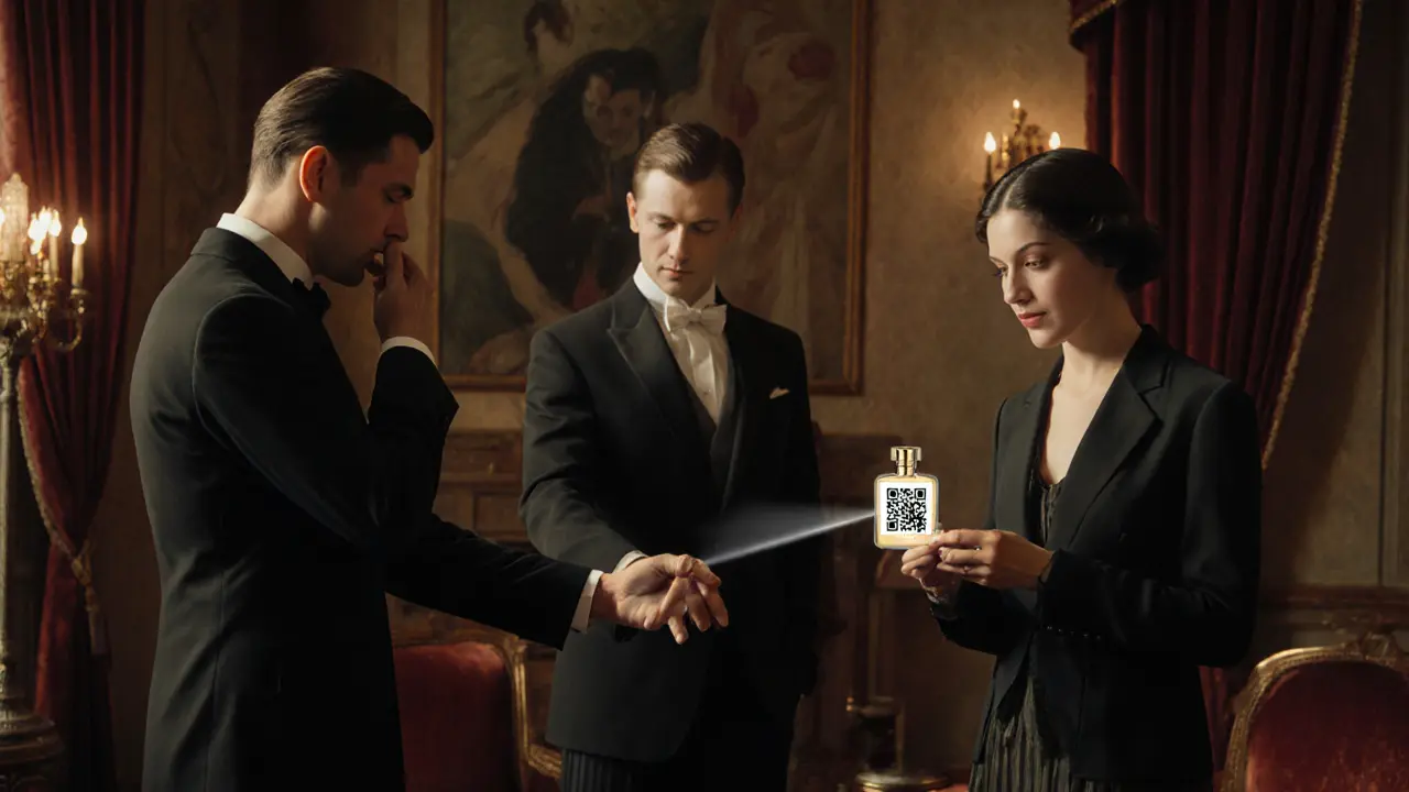 Группа людей в стиле 1920-х взаимодействует с парфюмом и QR-кодом для правильного нанесения.