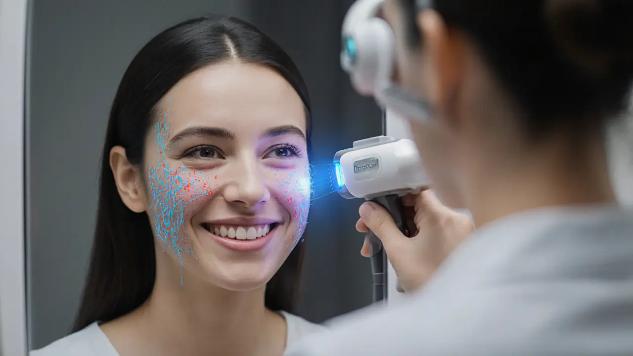 Пациент смотрит в зеркало, на лице — проекция сосудов и следы лазерного лечения синяка.