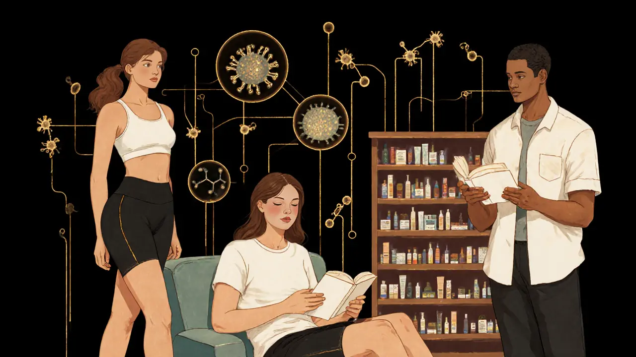 Разные люди в повседневной жизни, связанные золотыми нитями, символизирующими здоровье кожи ягодиц.