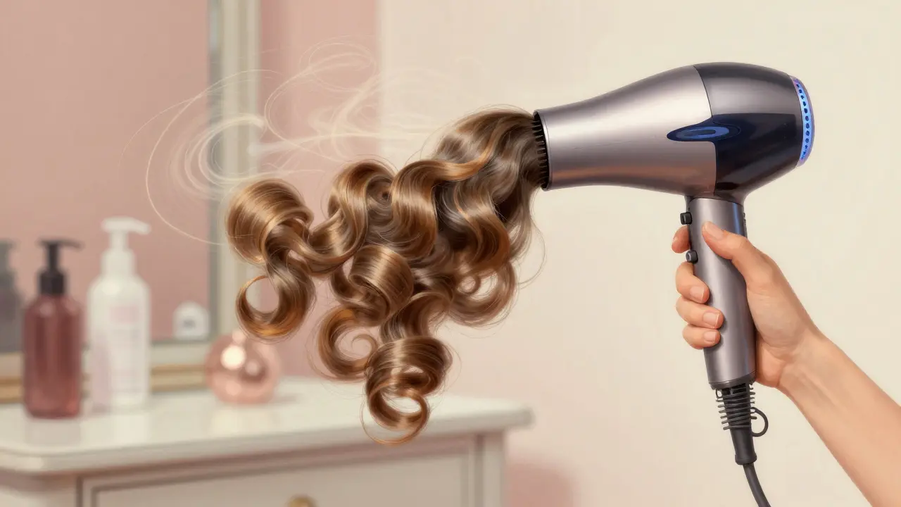 Рука с диффузором формирует локоны, теплый и холодный воздух создают эффект гладкости, детализированная иллюстрация в стиле Лейендейкера.